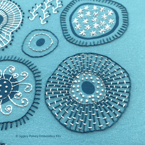 Close-up of shape stitched in dark turquoise, white and silver to create a beautiful abstract embroidery