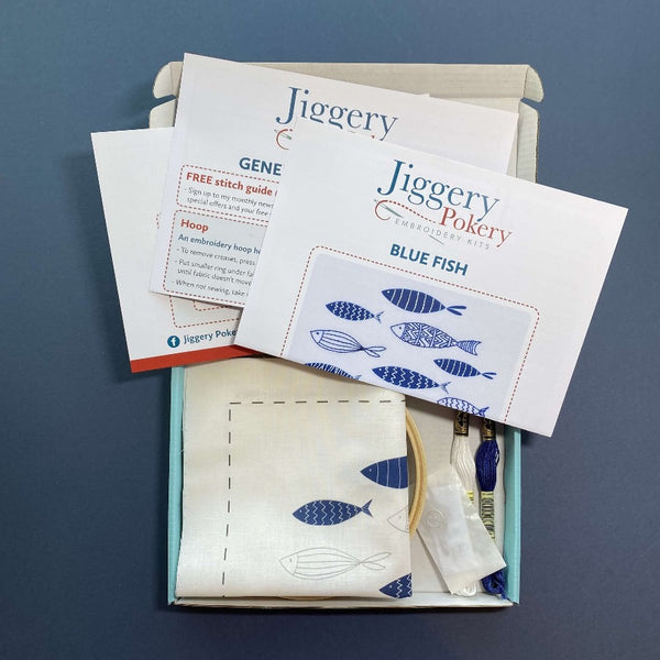 Jiggery Pokery fish embroidery kit contents
