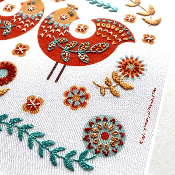 Close-up of bottom right corner of folk art birds embroidery design