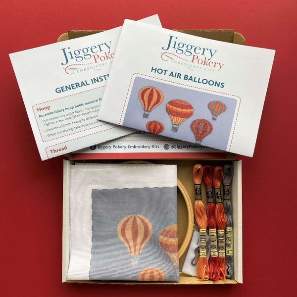 Contents of Jiggery Pokery hot air balloons embroidery kit