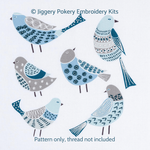 Simple birds embroidery design showing a group of 6 Scandi style birds stitched on top of background printing