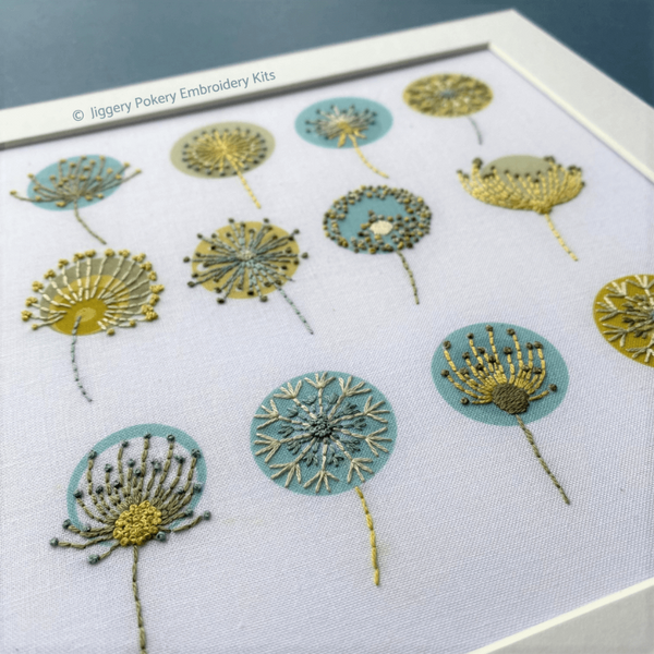 Dandelions wildflower embroidery in mount