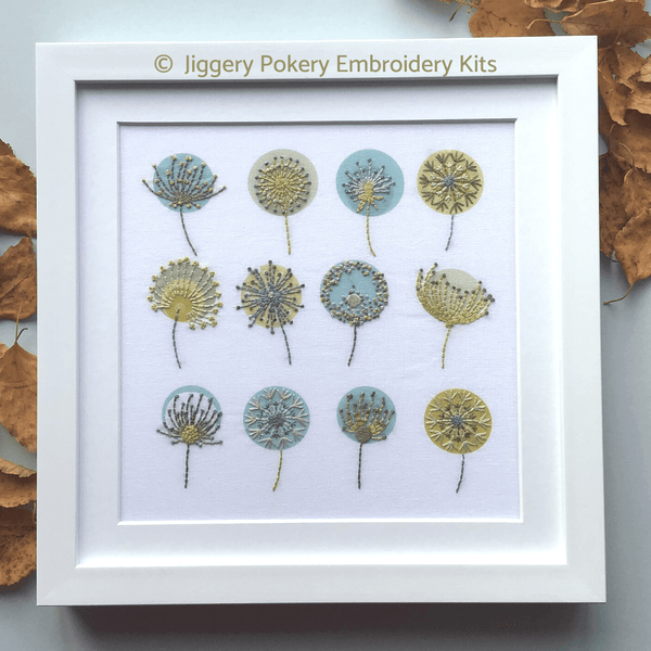 Framed embroidery of dandelions wildflower embroidery pattern