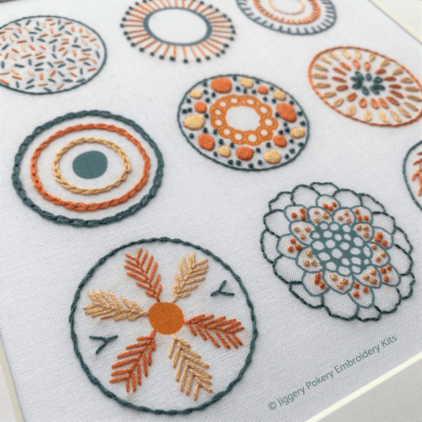 Close-up of embroidery sampler pattern