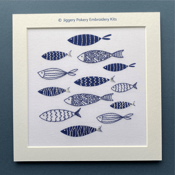 Jiggery Pokery blue fish embroidery pattern mounted