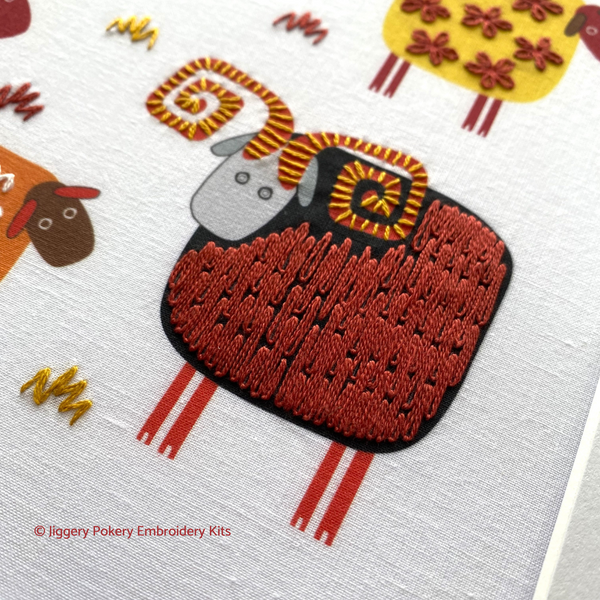 Close-up of ram in sheep embroidery kit by Jiggery Pokery