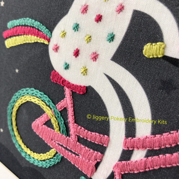 Close-up of unicorn embroidery showing the bicycle wheel and body
