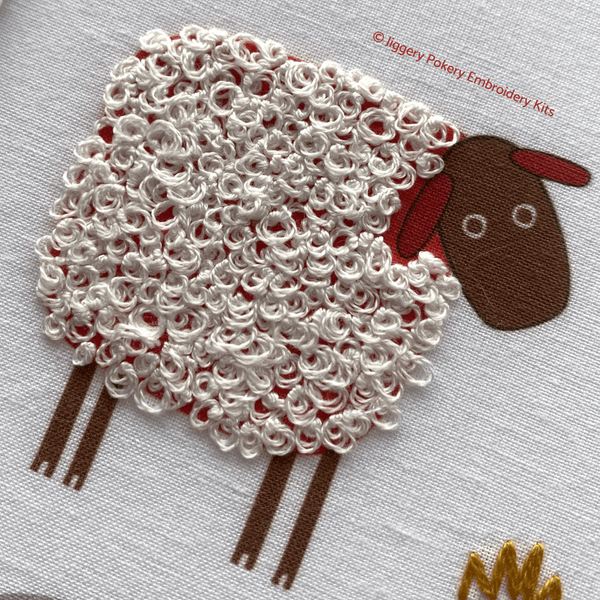Close-up of woolly sheep in sheep embroidery pattern by Jiggery Pokery