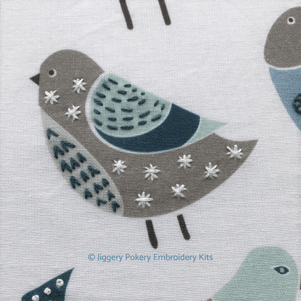 Close-up of bird in Jiggery Pokery simple bird embroidery pattern