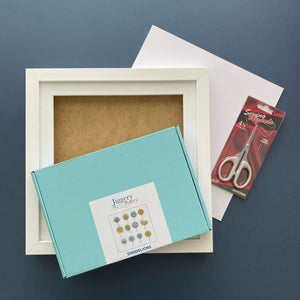 Embroidery gift set including an embroidery kit, picture frame, mounting board and free scissors