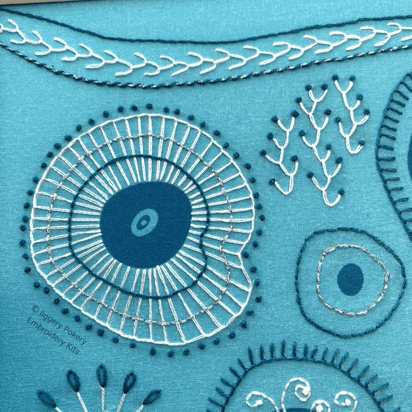 Close up of abstract embroidery kit with white, silver and dark turquoise stitching