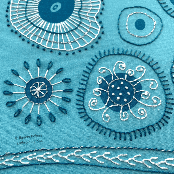 Close up of two shapes stitched in white, silver and turquoise in this abstract embroidery design