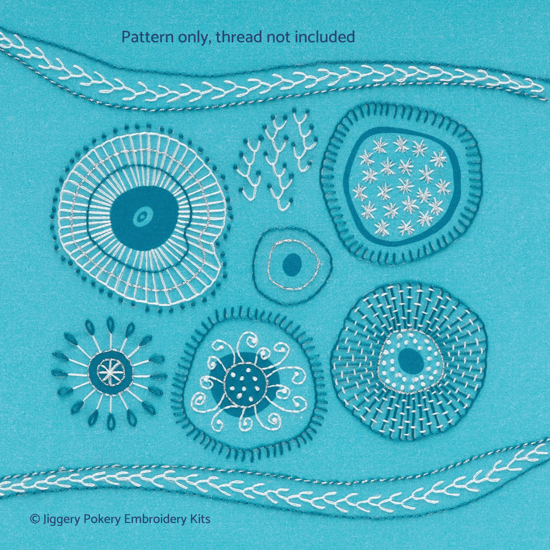 Abstract embroidery pattern showing 7 shapes stitched in dark turquoise, silver and white onto turquoise printed fabric