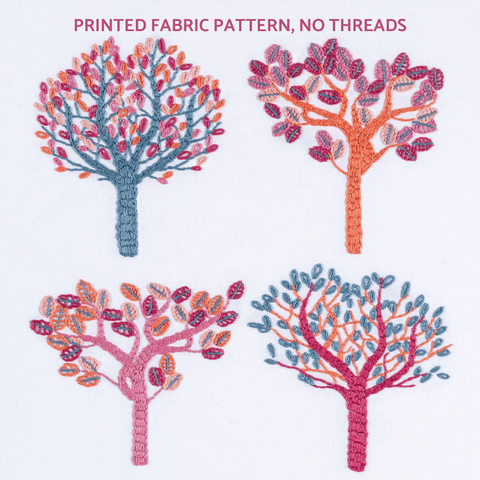 Autumn embroidery pattern showing four trees stitched in bright autumn colours