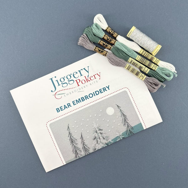 DMC threads and Gutermann metallic effect  thread for bears embroidery pattern by Jiggery Pokery