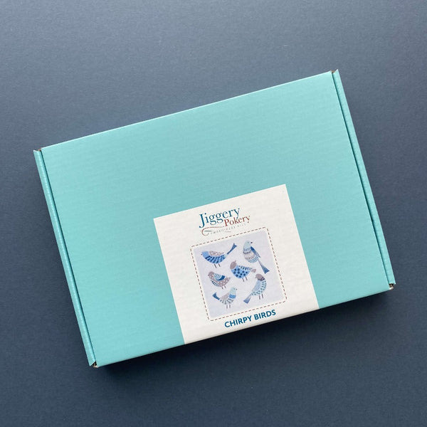 Birds embroidery kit packaged in a pretty turquoise blue box with labelling