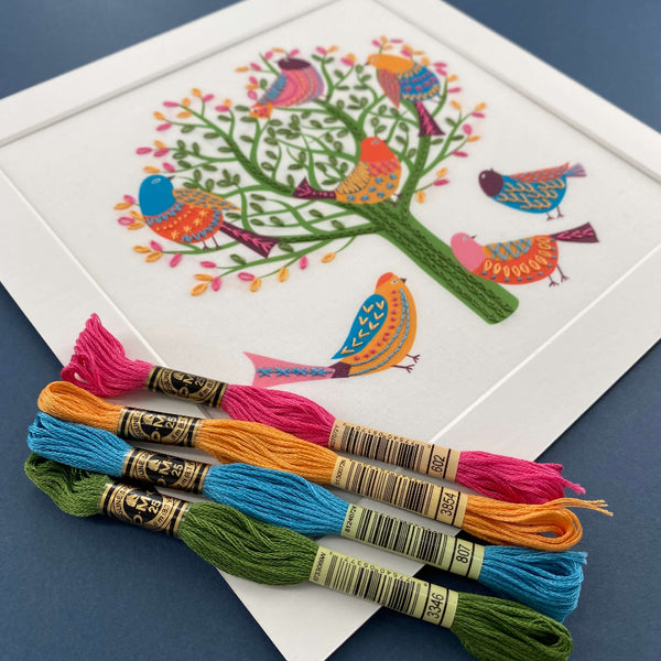 Four skeins of DMC thread in green, blue, pink and orange shown with the birds embroidery kit in the background