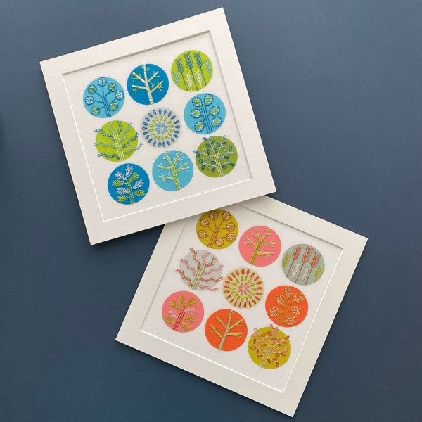 Trees embroidery pattern comes in two colourways: cool blue and green or hot pink and orange