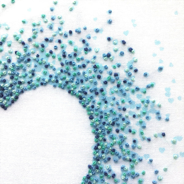 Easy hearts embroidery pattern, close-up showing blue French knots stitched on top of a printed background