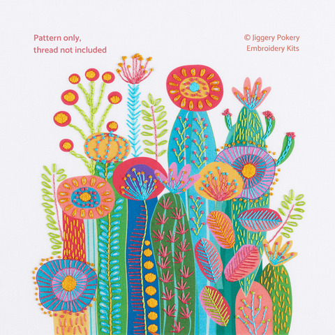 Cactus embroidery pattern shown on white fabric background. It creates a colourful burst of fun cactus flowers in abstract style