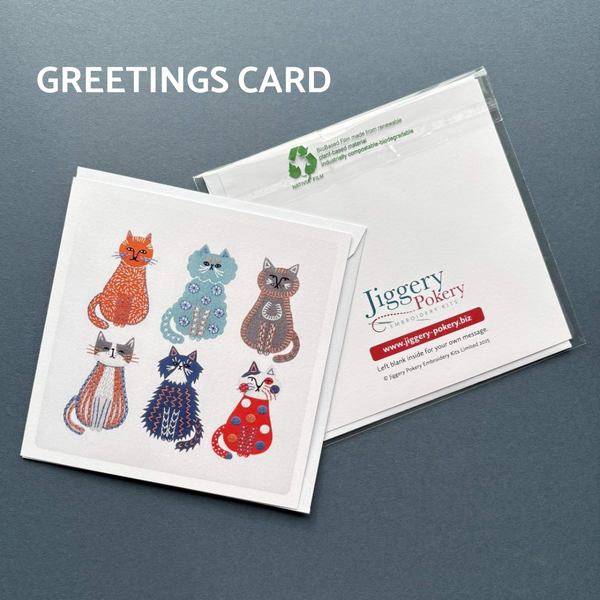 A printed greetings card featuring the cats embroidery design by Jiggery Pokery. Also shows the back of the card and envelope.