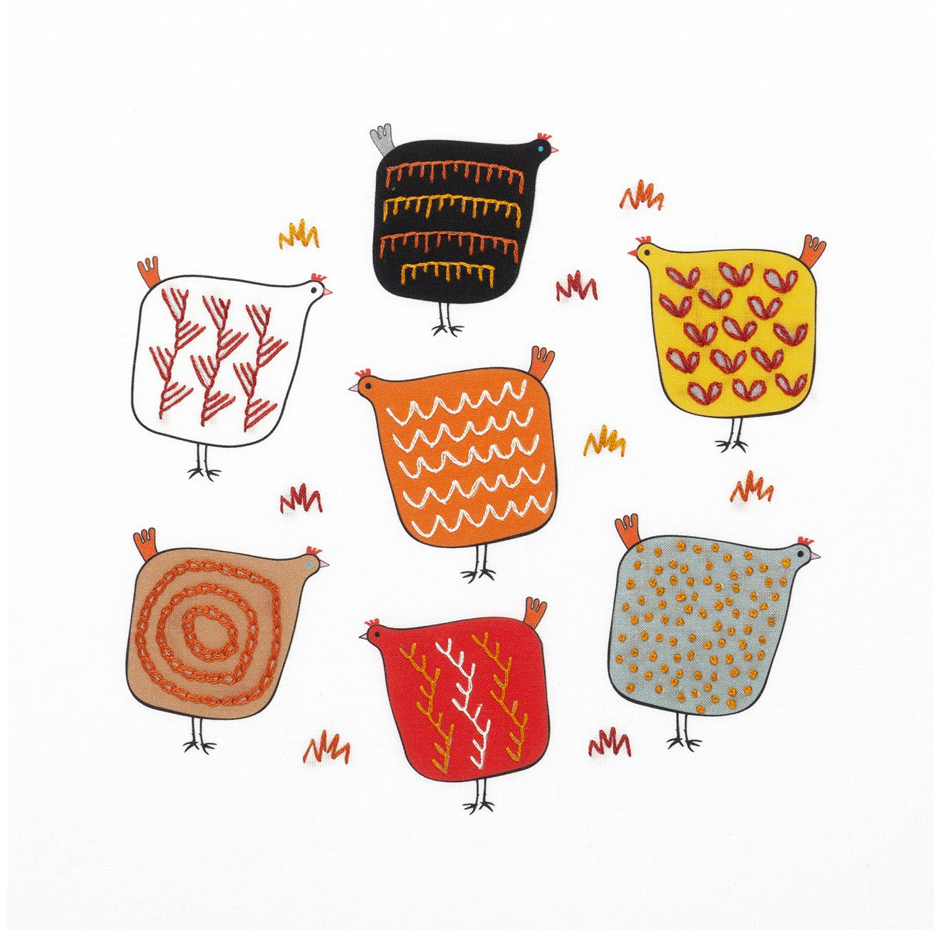 Chicken embroidery kit showing 7 colourful Scandi style hens completed with easy embroidery stitches in red, orange, yellow and white DMC threads.