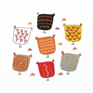 Chicken embroidery kit showing 7 colourful Scandi style hens completed with easy embroidery stitches in red, orange, yellow and white DMC threads.