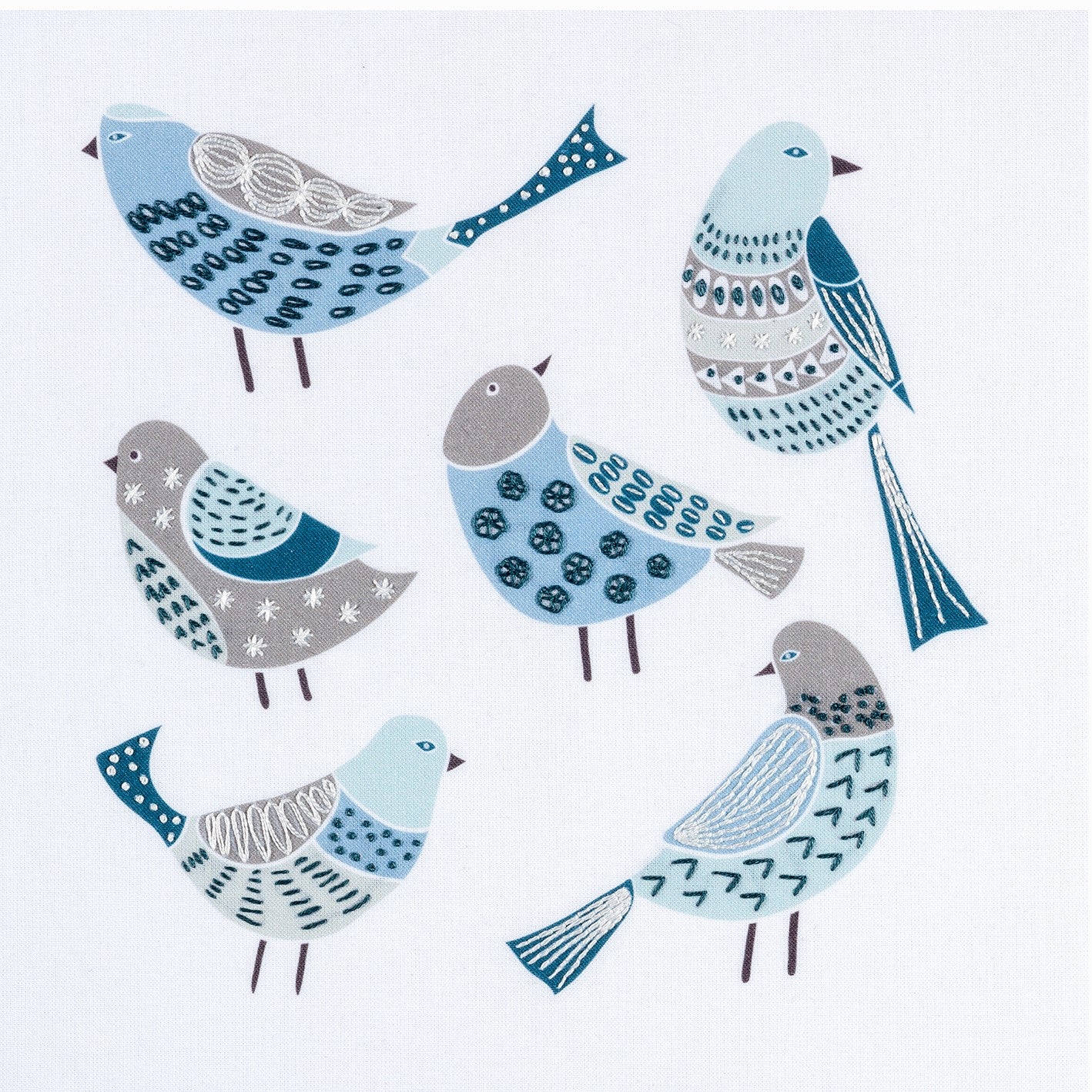 Birds embroidery kit in Scandinavian style showing6 birds stitched in two thread colours on a background of blue, aqua, light brown and dark teal.