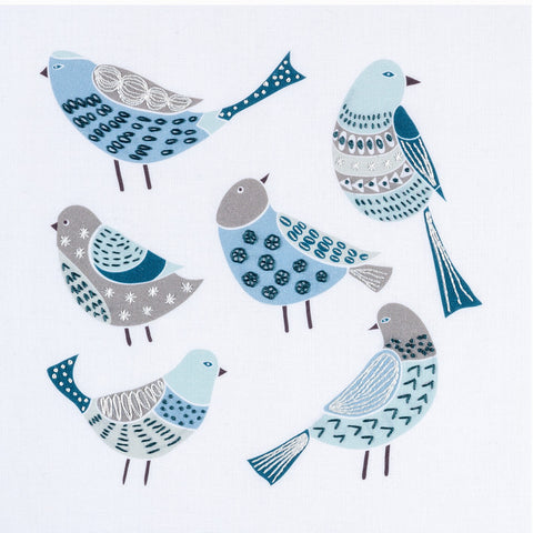 Birds embroidery kit in Scandinavian style showing6 birds stitched in two thread colours on a background of blue, aqua, light brown and dark teal.