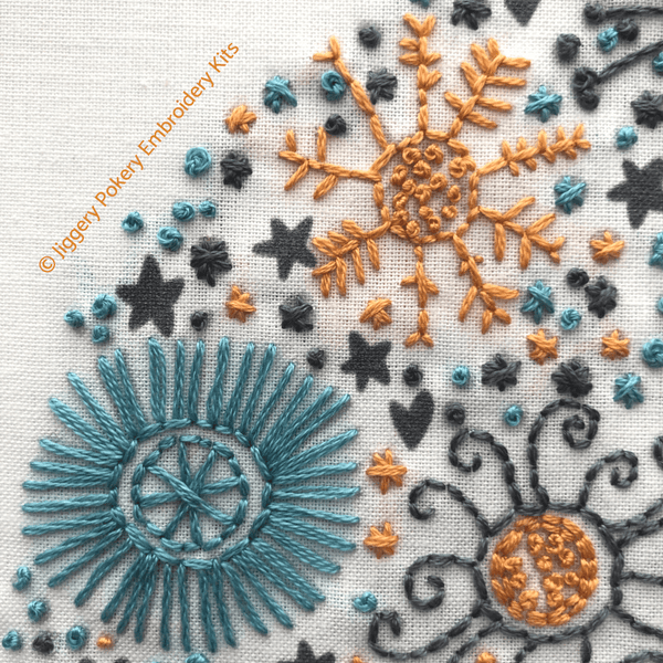 Scandinavian Christmas embroidery pattern close-up showing easy stitches in teal, orange and charcoal grey