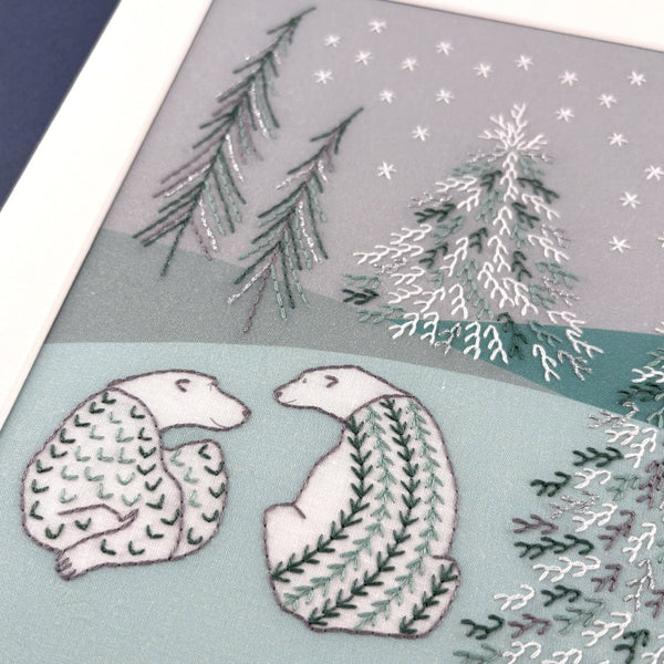A close-up of two embroidered polar bears on a green and grey background with glittering winter trees