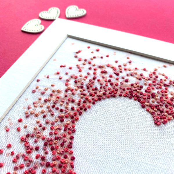 Close-up of pink hearts embroidery pattern shown in white mount on pink background