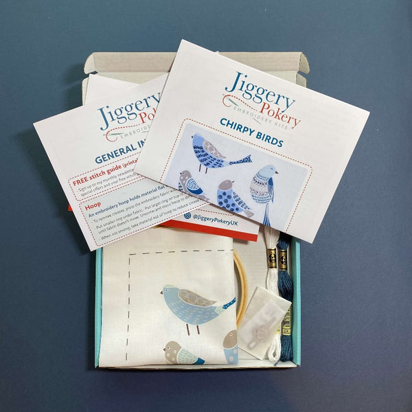 Simple bird embroidery kit contents