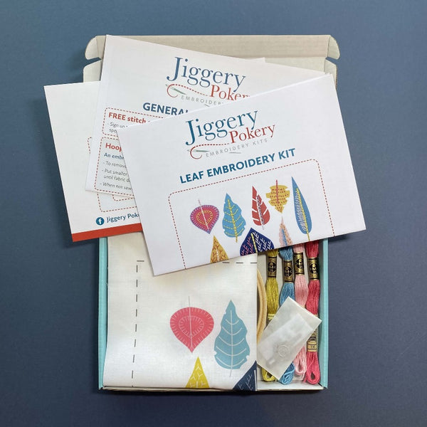 Contents of Jiggery Pokery leaf embroidery kit