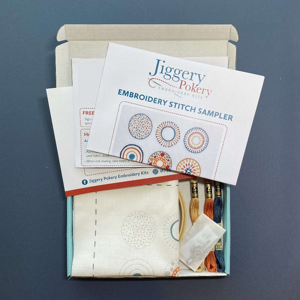 Contents of stitch sampler embroidery kit by Jiggery Pokery