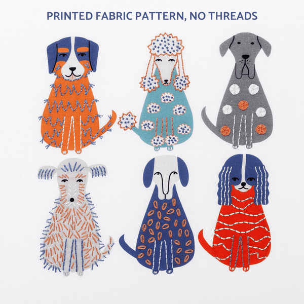 Dog embroidery pattern showing 6 orange, blue and grey dogs decorated with simple embroidery stitches