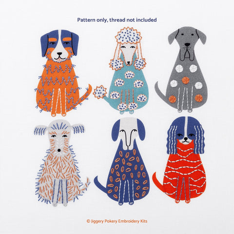 Dog embroidery pattern showing 6 orange, blue and grey dogs decorated with simple embroidery stitches