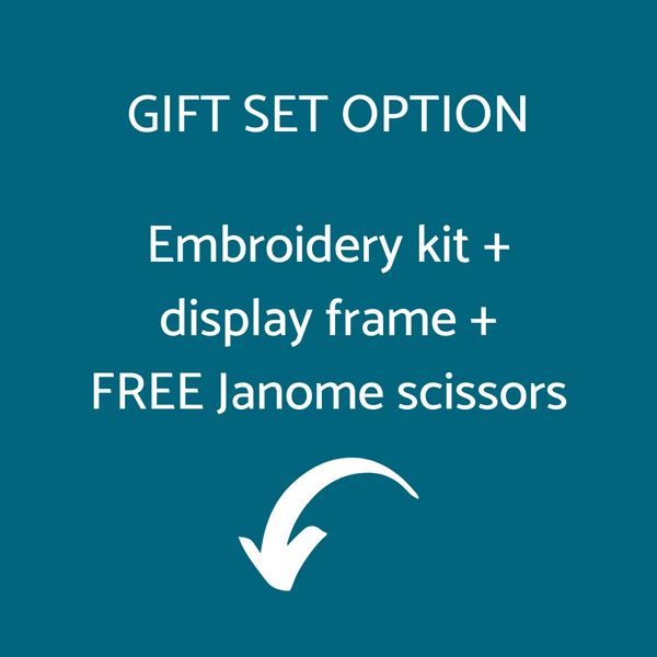 Embroidery gift set includes a modern embroidery flowers kit, a square white picture frame and a free pair of embroidery scissors.