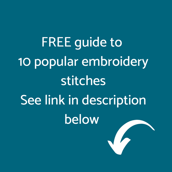 Text on a blue background promoting a free guide to embroidery stitches, downloadable PDF.
