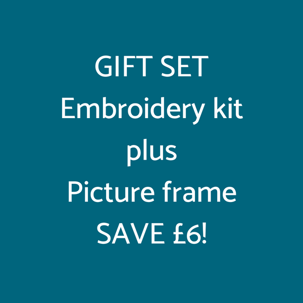 Embroidery gift set includes a Scandinavian trees embroidery kit, an embroidery display frame and mountboard cut to size