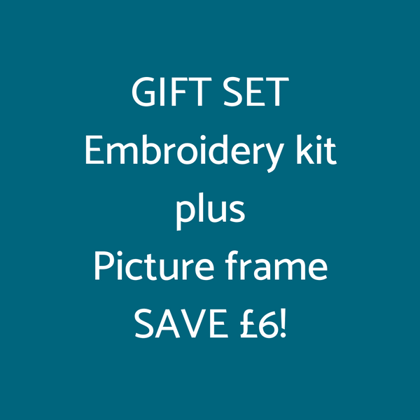 Promotional text for a gift set of any Jiggery Pokery embroidery kit and picture frame with a savings offer. 