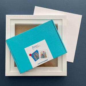 Embroidery gift set with blue cactus embroidery kit, picture frame and mountboard cut to size