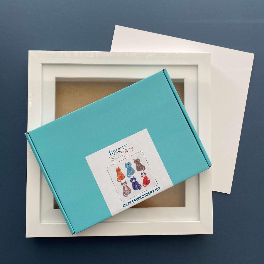 Gift set of a cat embroidery kit, picture frame and mountboard cut to size