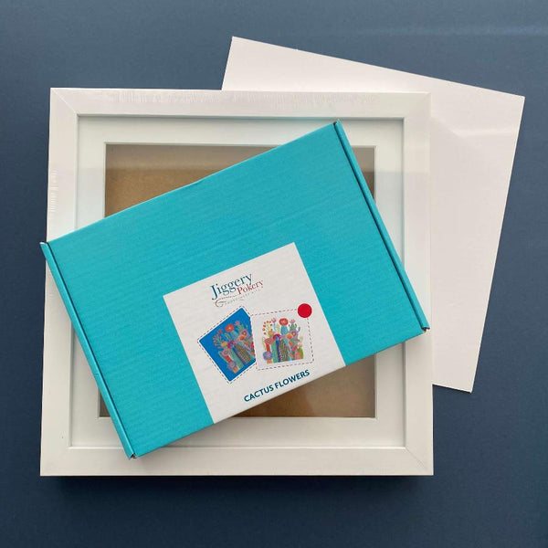 Gift set of white cactus embroidery kit plus a square white picture frame with mountboard cut to size