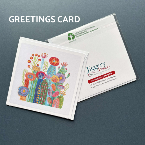 A printed greetings card featuring the cactus embroidery design on a white background by Jiggery Pokery. Also shows the back of the card and envelope.