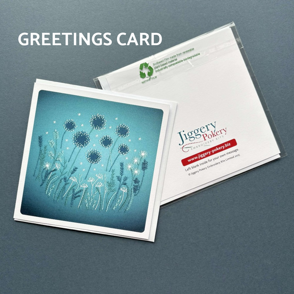 A printed greetings card featuring the modern flowers embroidery design by Jiggery Pokery. Also shows the back of the card and envelope.