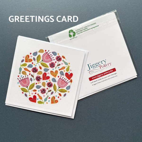 A printed greetings card featuring the modern floral embroidery design by Jiggery Pokery. Also shows the back of the card and envelope.