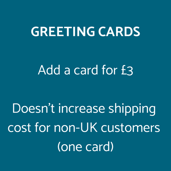 Text on a blue background advertising greeting cards with pricing and shipping information.