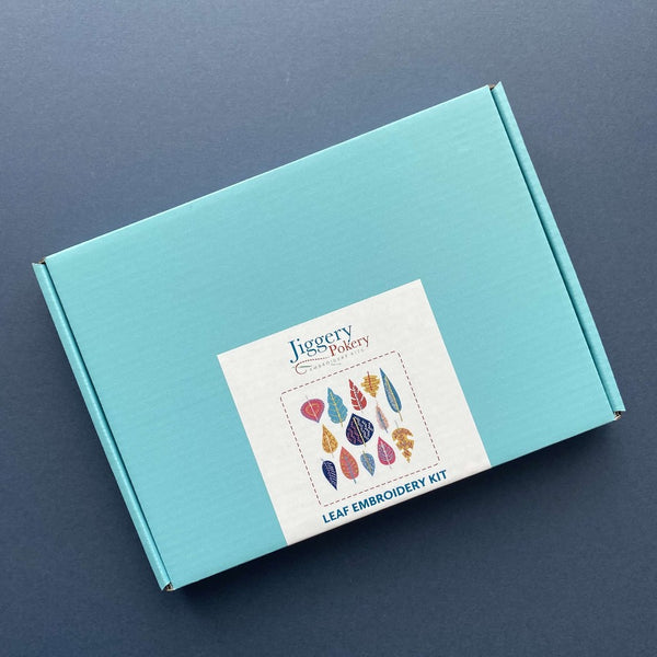 Leaf embroidery kit packaged in a pretty turquoise box with labelling