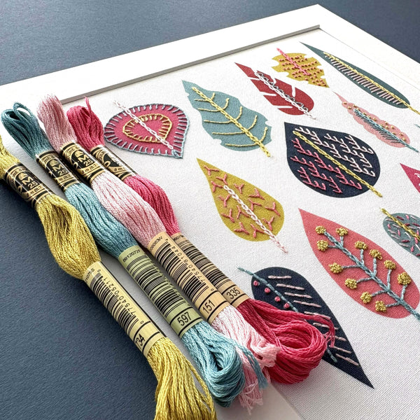 Close-up of leaf embroidery kit with DMC threads